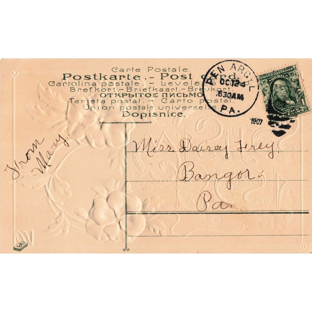Antique Embossed Postcard Purple Pansies Best Wishes Floral Glen Argyle PA 1907 - Picture 2 of 2